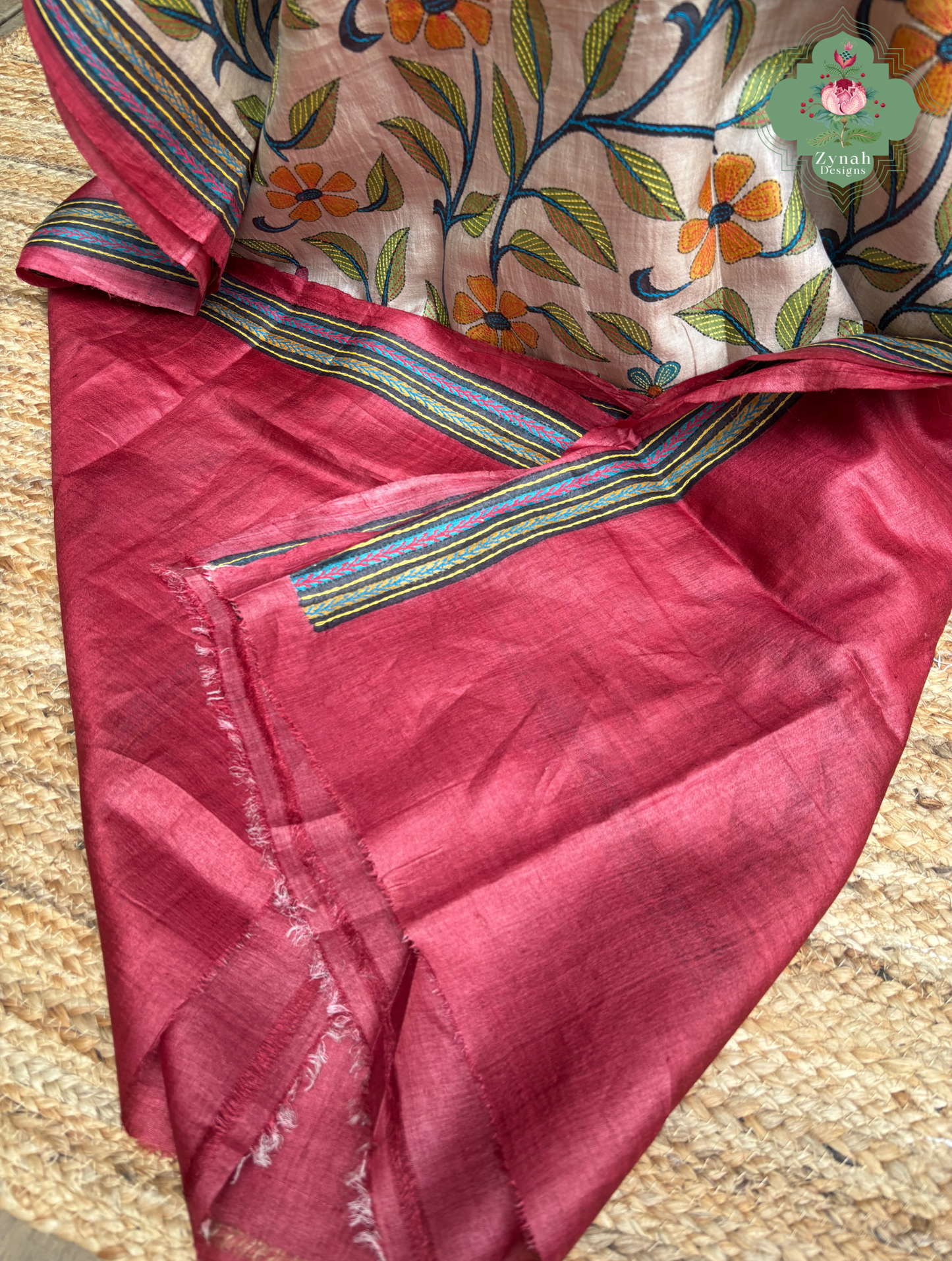 Kusumita Cherry Red Hand Painted Pure Gachi Tussar Silk Saree With Kantha Hand Embroidery - SKU 0907202601