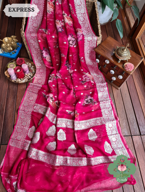 Zynah Cherry Red Pure Khaddi Georgette Floral Banarasi Saree With Silver Zari; Custom Stitched/Ready-made Blouse, Fall, Petticoat; SKU: 2804202304