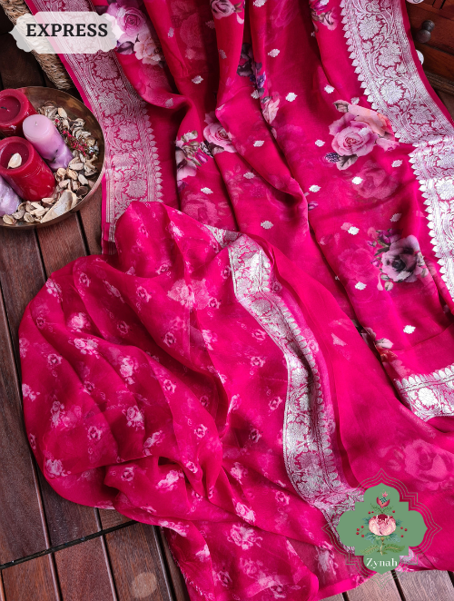 Zynah Cherry Red Pure Khaddi Georgette Floral Banarasi Saree With Silver Zari; Custom Stitched/Ready-made Blouse, Fall, Petticoat; SKU: 2804202304