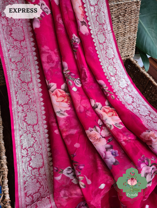 Zynah Cherry Red Pure Khaddi Georgette Floral Banarasi Saree With Silver Zari; Custom Stitched/Ready-made Blouse, Fall, Petticoat; SKU: 2804202304