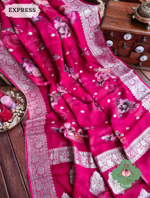 Zynah Cherry Red Pure Khaddi Georgette Floral Banarasi Saree With Silver Zari; Custom Stitched/Ready-made Blouse, Fall, Petticoat; SKU: 2804202304