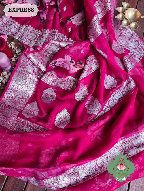 Zynah Cherry Red Pure Khaddi Georgette Floral Banarasi Saree With Silver Zari; Custom Stitched/Ready-made Blouse, Fall, Petticoat; SKU: 2804202304