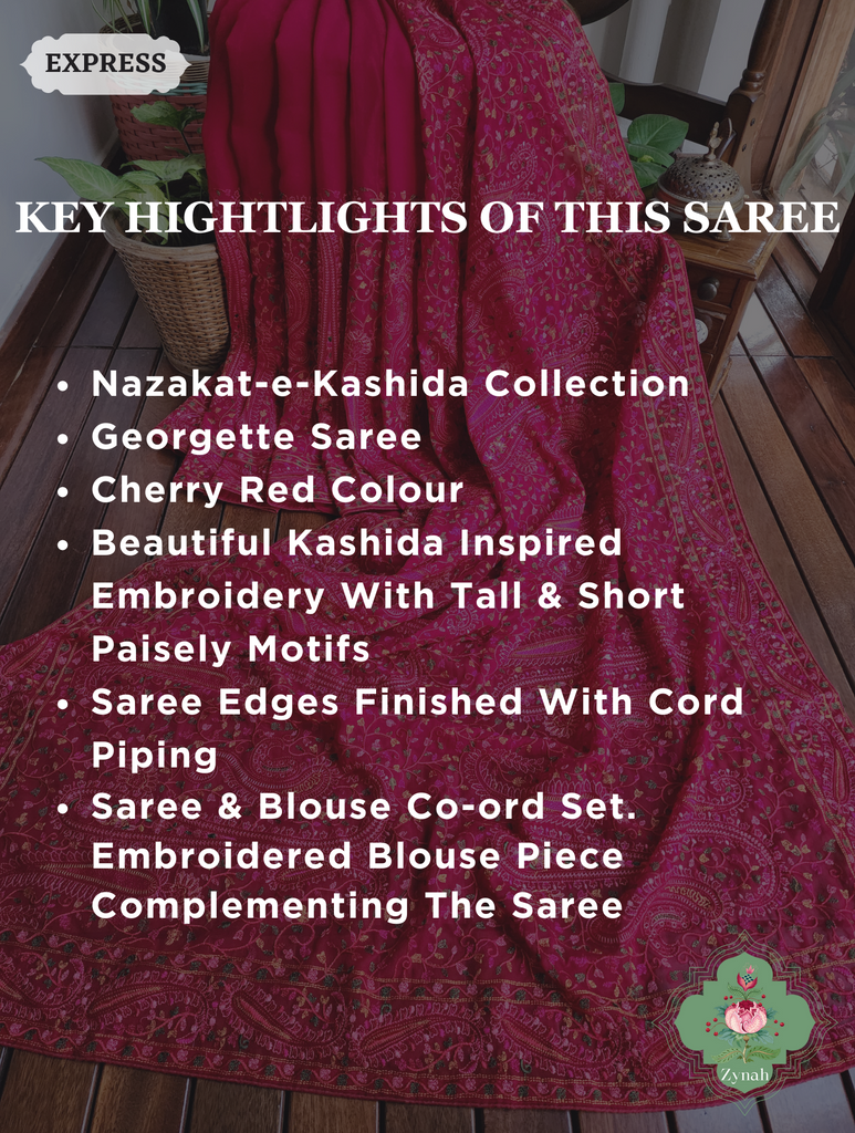 Cherry Red Georgette Saree With Kashida Inspired Embroidery 2