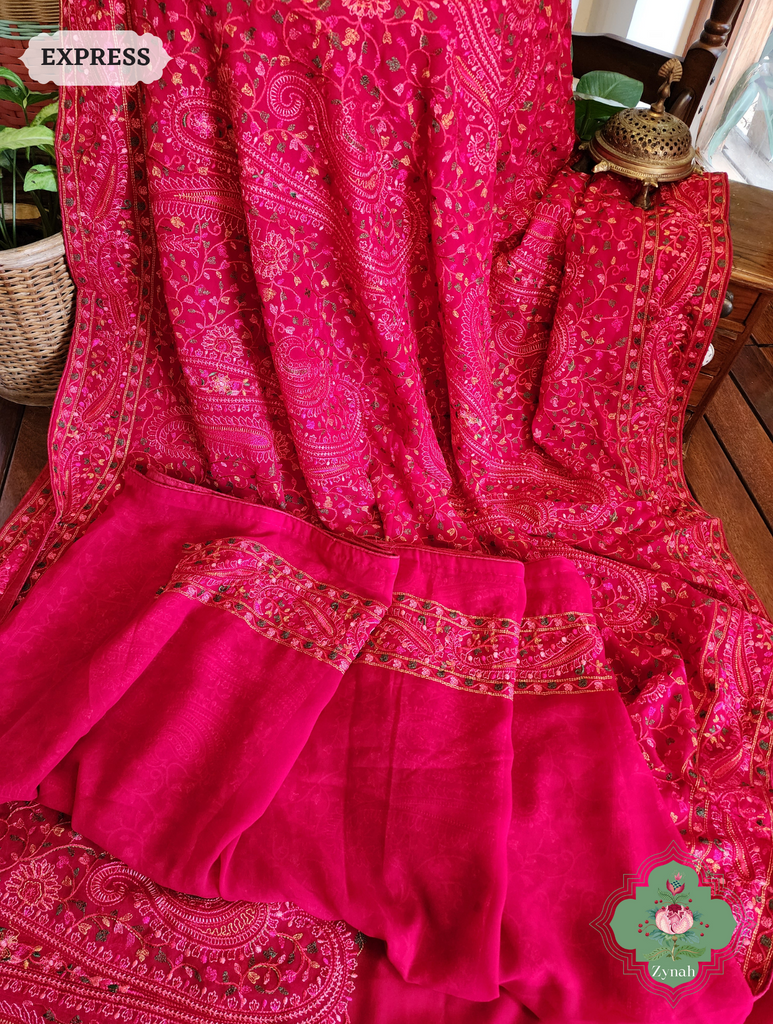 Cherry Red Georgette Saree With Kashida Inspired Embroidery 8