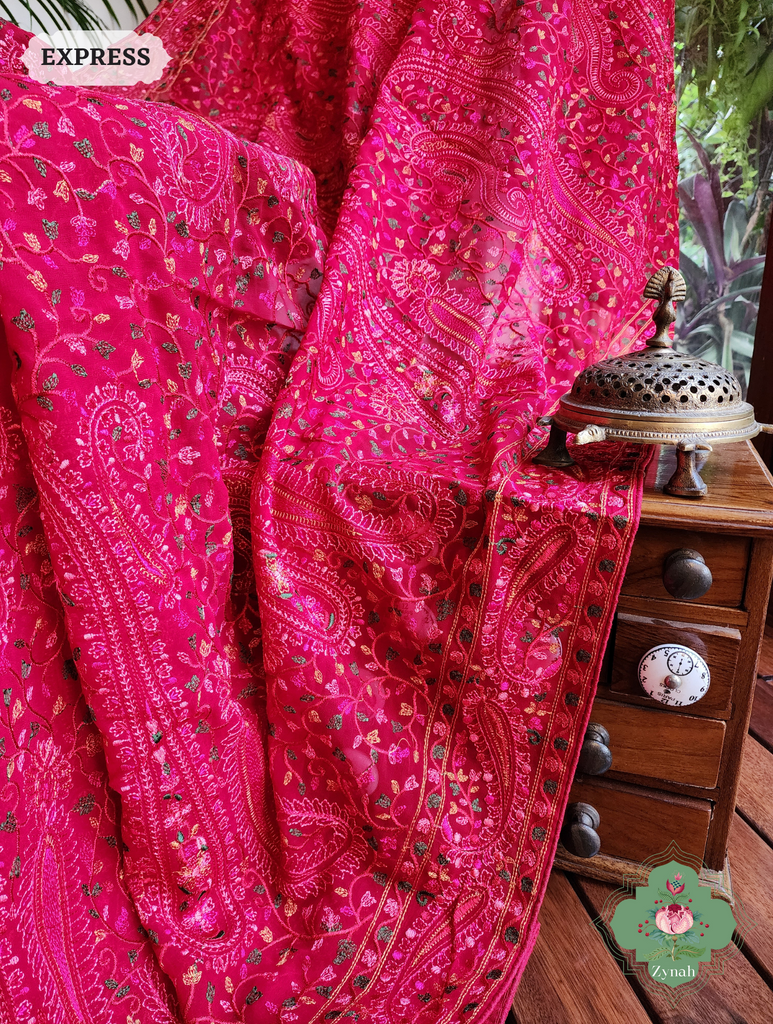 Cherry Red Georgette Saree With Kashida Inspired Embroidery 10