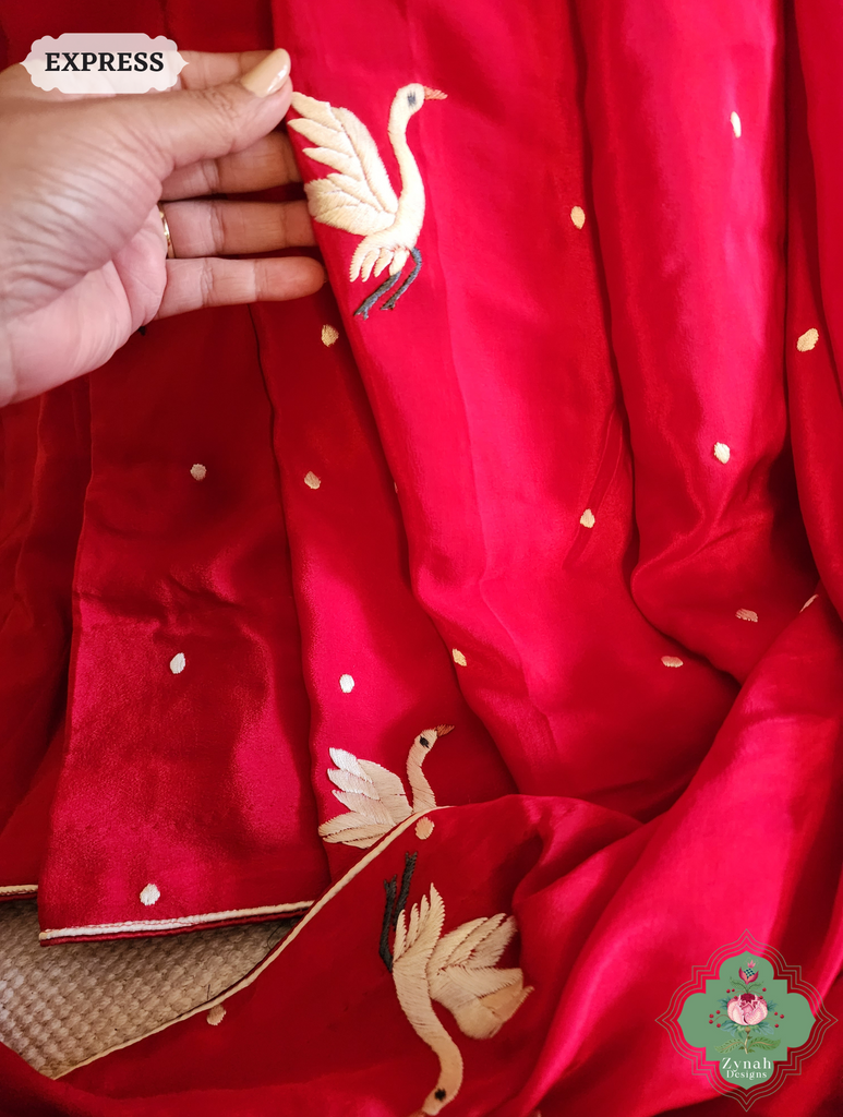 Zynah Cherry Red & Black Pure Crepe Silk Parsi Gara Saree With Designer Motifs of Cranes & Swans; Custom Stitched/Ready-made Blouse, Fall, Petticoat; SKU: 2606202502