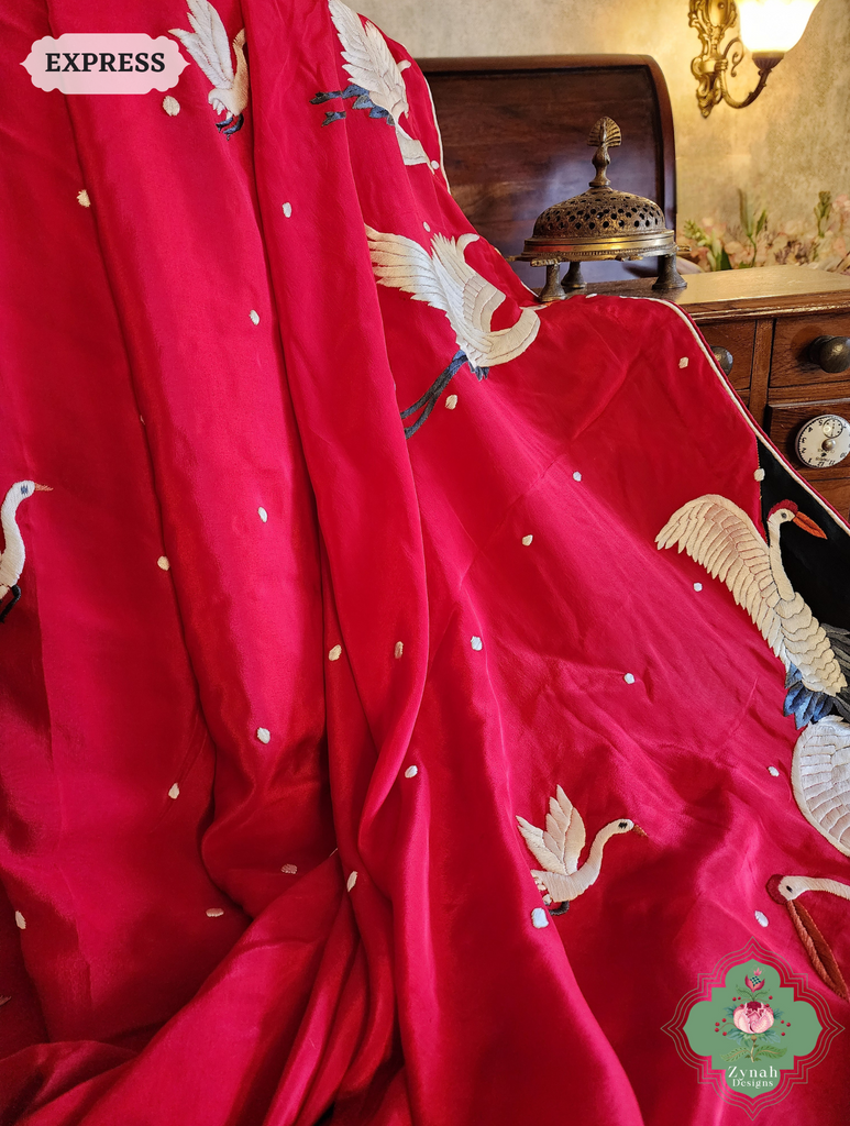 Zynah Cherry Red & Black Pure Crepe Silk Parsi Gara Saree With Designer Motifs of Cranes & Swans; Custom Stitched/Ready-made Blouse, Fall, Petticoat; SKU: 2606202502
