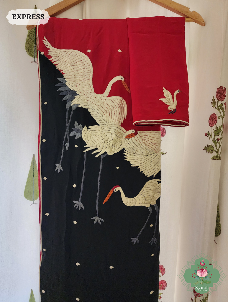 Zynah Cherry Red & Black Pure Crepe Silk Parsi Gara Saree With Designer Motifs of Cranes & Swans; Custom Stitched/Ready-made Blouse, Fall, Petticoat; SKU: 2606202502