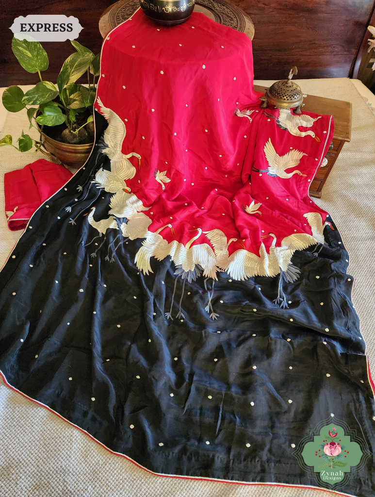 Zynah Cherry Red & Black Pure Crepe Silk Parsi Gara Saree With Designer Motifs of Cranes & Swans; Custom Stitched/Ready-made Blouse, Fall, Petticoat; SKU: 2606202502