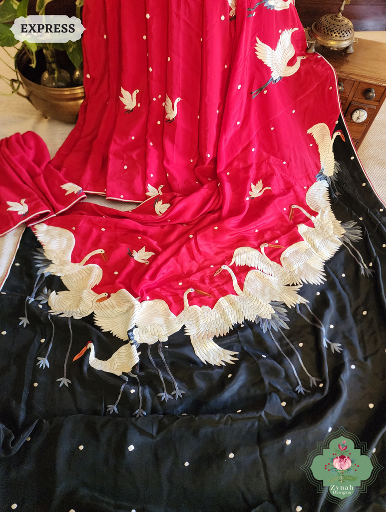 Zynah Cherry Red & Black Pure Crepe Silk Parsi Gara Saree With Designer Motifs of Cranes & Swans; Custom Stitched/Ready-made Blouse, Fall, Petticoat; SKU: 2606202502