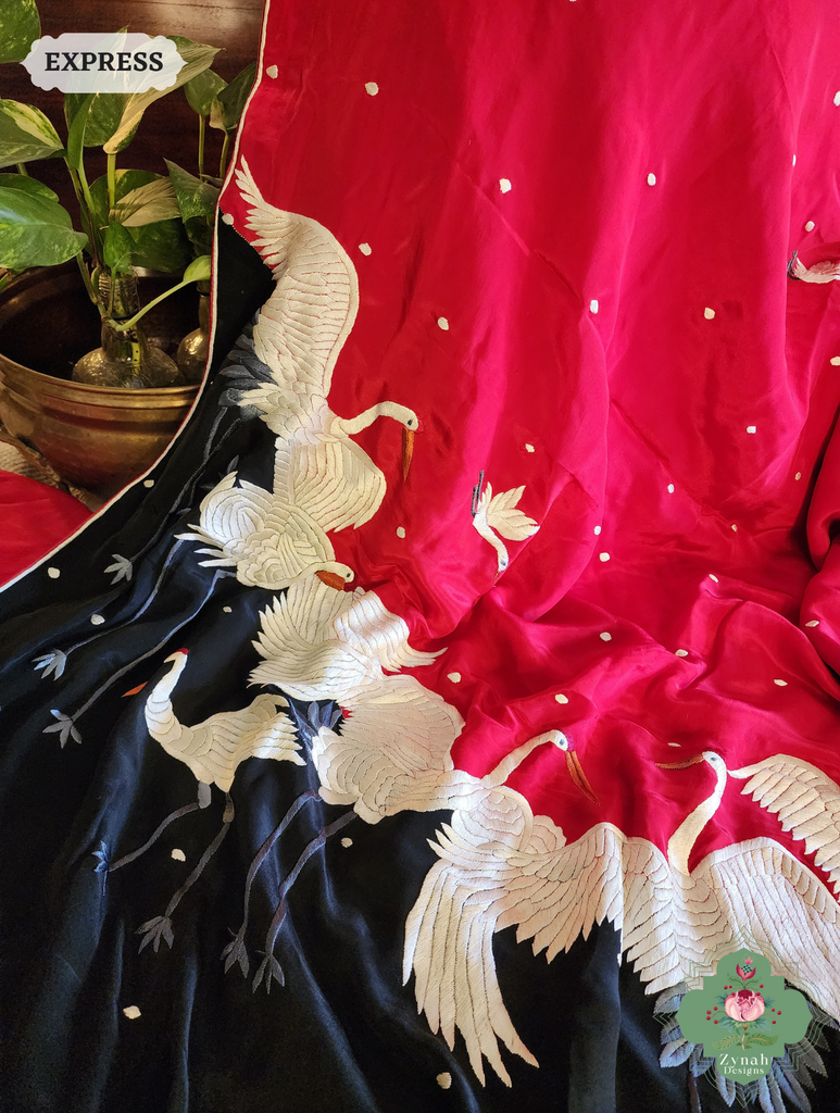 Zynah Cherry Red & Black Pure Crepe Silk Parsi Gara Saree With Designer Motifs of Cranes & Swans; Custom Stitched/Ready-made Blouse, Fall, Petticoat; SKU: 2606202502