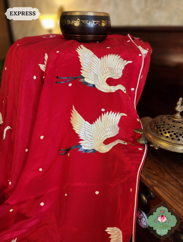 Zynah Cherry Red & Black Pure Crepe Silk Parsi Gara Saree With Designer Motifs of Cranes & Swans; Custom Stitched/Ready-made Blouse, Fall, Petticoat; SKU: 2606202502