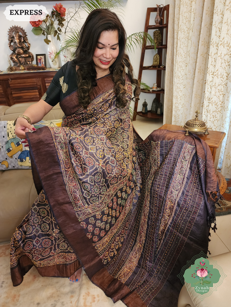 Zynah Chocolate Brown Pure Tussar Silk Hand Block Print Ajrakh Saree With Hand Embroidery; Custom Stitched/Ready-made Blouse, Fall, Petticoat; SKU: 2409202505