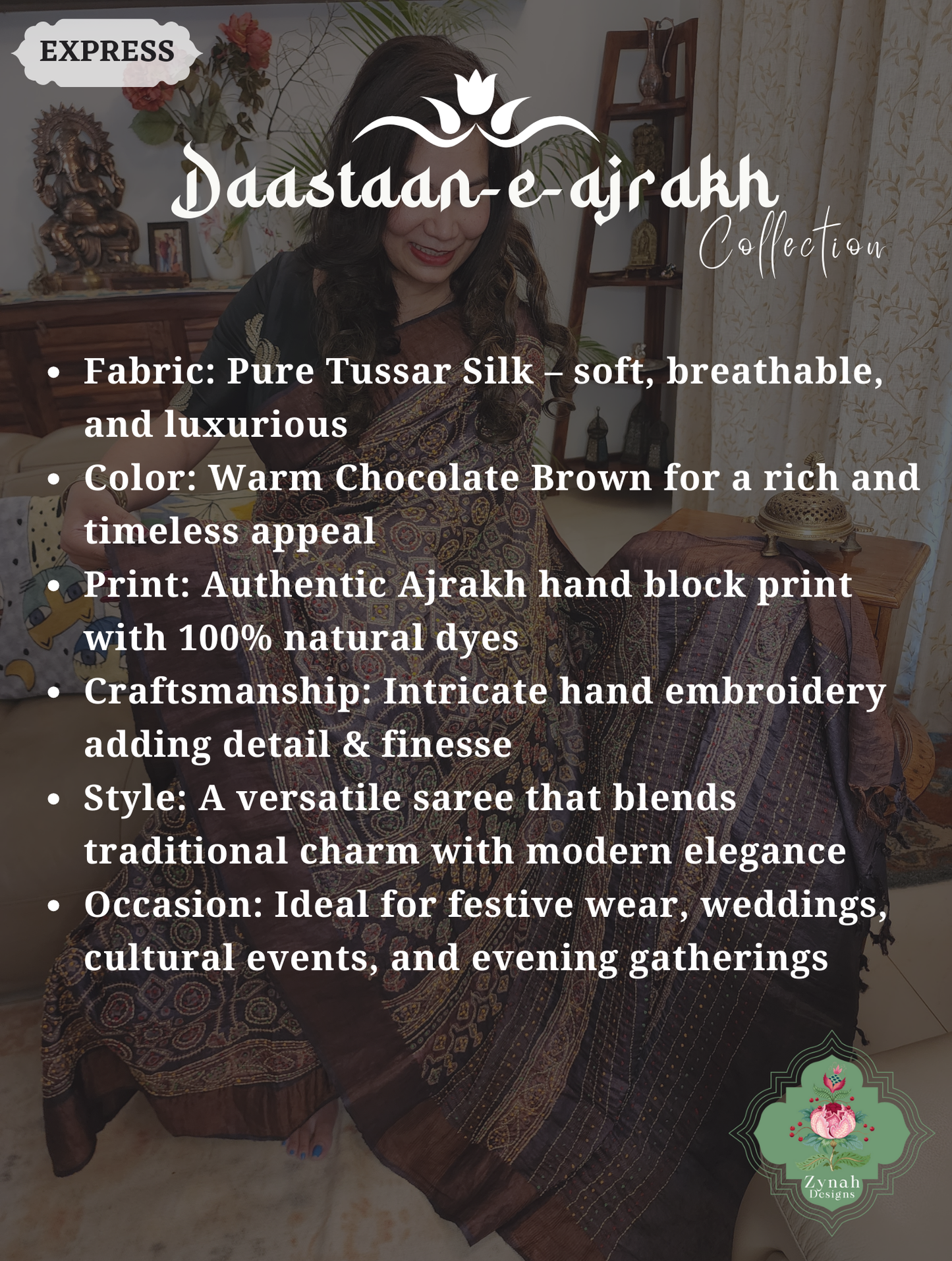 Zynah Chocolate Brown Pure Tussar Silk Hand Block Print Ajrakh Saree With Hand Embroidery; Custom Stitched/Ready-made Blouse, Fall, Petticoat; SKU: 2409202505