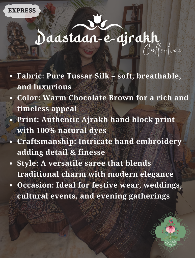 Zynah Chocolate Brown Pure Tussar Silk Hand Block Print Ajrakh Saree With Hand Embroidery; Custom Stitched/Ready-made Blouse, Fall, Petticoat; SKU: 2409202505