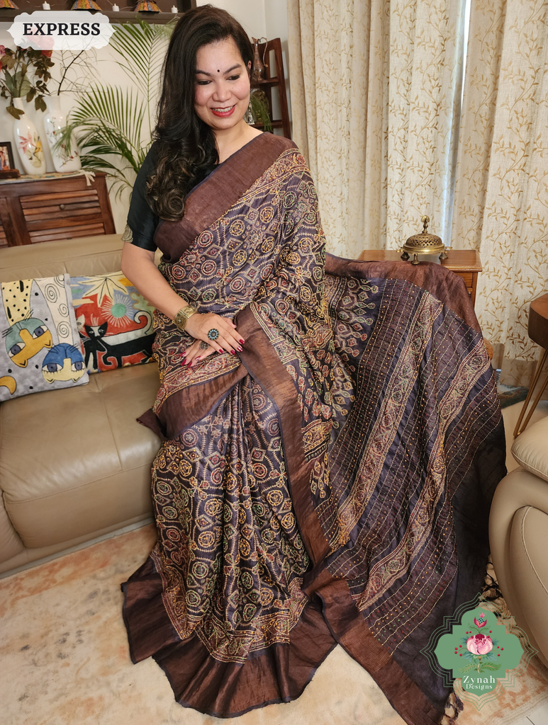 Zynah Chocolate Brown Pure Tussar Silk Hand Block Print Ajrakh Saree With Hand Embroidery; Custom Stitched/Ready-made Blouse, Fall, Petticoat; SKU: 2409202505