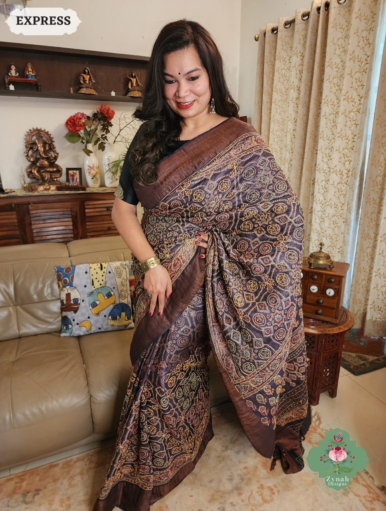 Zynah Chocolate Brown Pure Tussar Silk Hand Block Print Ajrakh Saree With Hand Embroidery; Custom Stitched/Ready-made Blouse, Fall, Petticoat; SKU: 2409202505