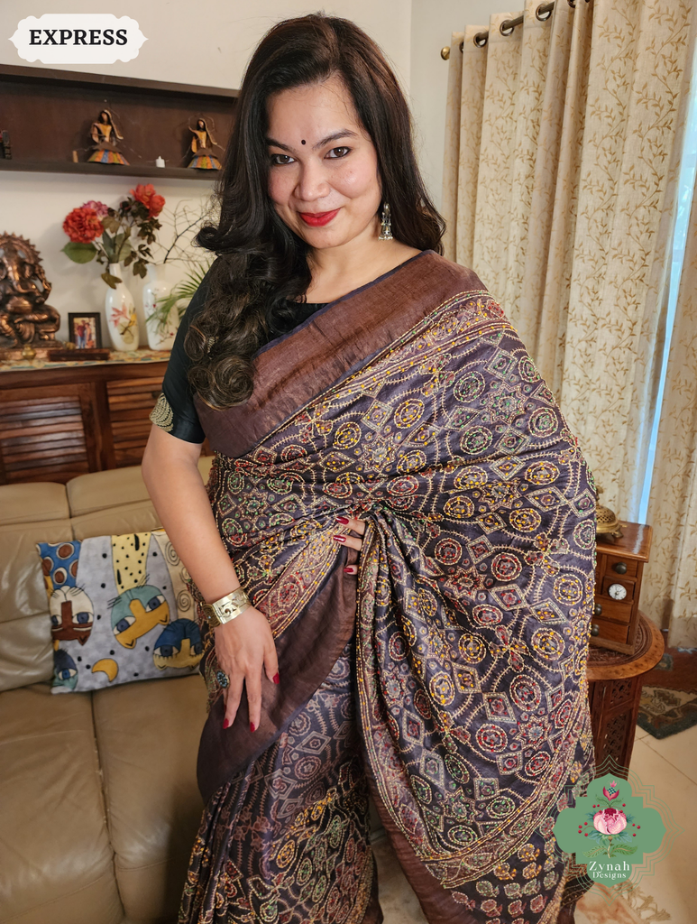 Zynah Chocolate Brown Pure Tussar Silk Hand Block Print Ajrakh Saree With Hand Embroidery; Custom Stitched/Ready-made Blouse, Fall, Petticoat; SKU: 2409202505