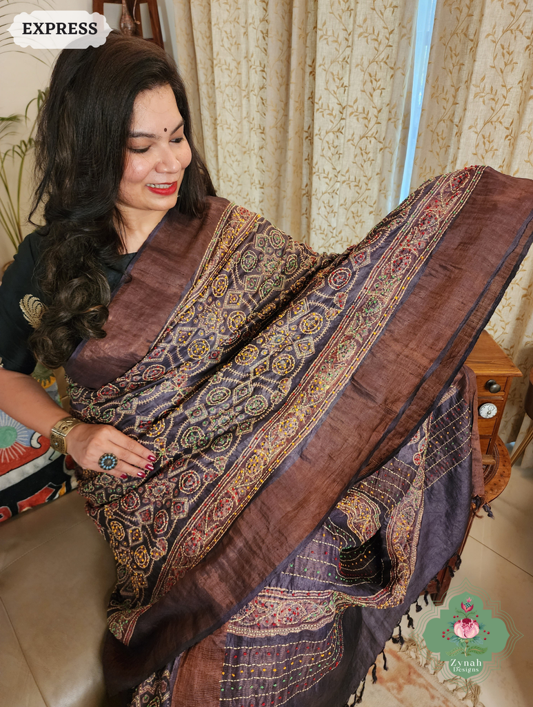 Zynah Chocolate Brown Pure Tussar Silk Hand Block Print Ajrakh Saree With Hand Embroidery; Custom Stitched/Ready-made Blouse, Fall, Petticoat; SKU: 2409202505