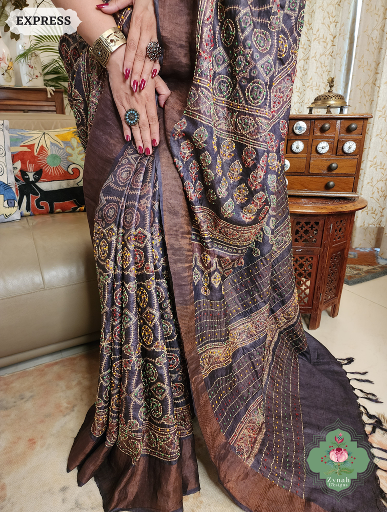 Zynah Chocolate Brown Pure Tussar Silk Hand Block Print Ajrakh Saree With Hand Embroidery; Custom Stitched/Ready-made Blouse, Fall, Petticoat; SKU: 2409202505
