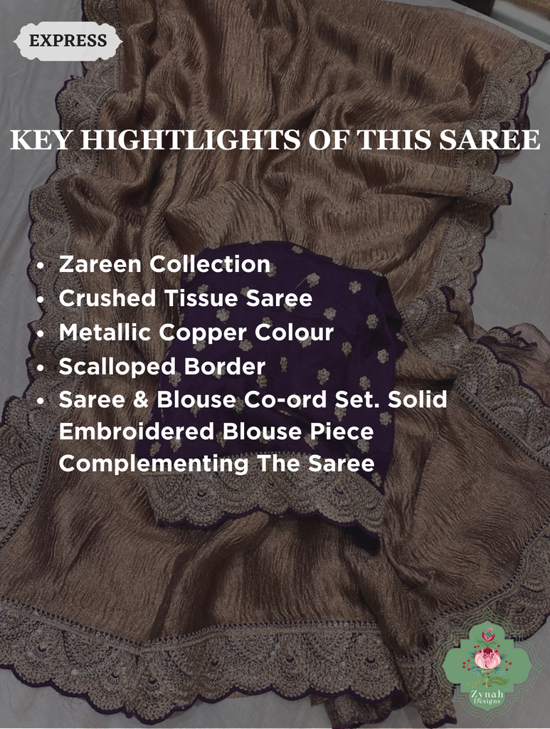 Metallic Copper Gold Crushed Tissue Saree With Scalloped Border 2