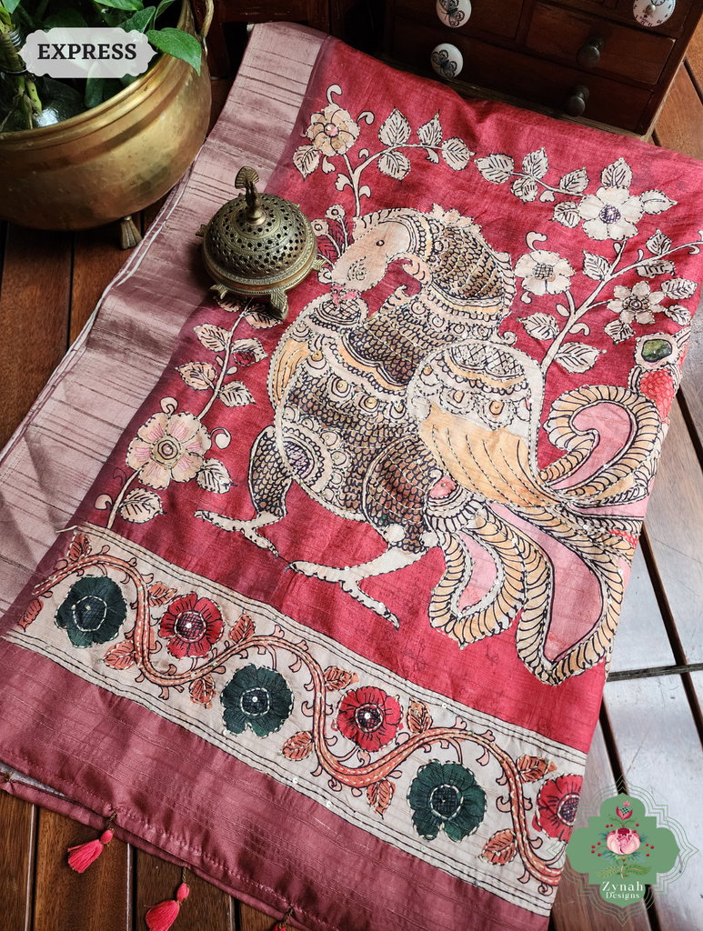 Zynah Coral Red Jute Linen Saree With Kalamkari Pallu, Kantha & Sequins Highlight & Frenchknot Hand Embroidery; Custom Stitched/Ready-made Blouse, Fall, Petticoat; SKU: 0609202404