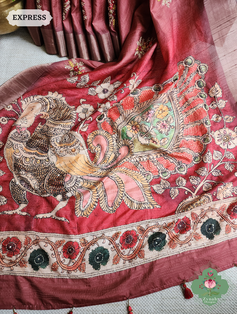 Zynah Coral Red Jute Linen Saree With Kalamkari Pallu, Kantha & Sequins Highlight & Frenchknot Hand Embroidery; Custom Stitched/Ready-made Blouse, Fall, Petticoat; SKU: 0609202404