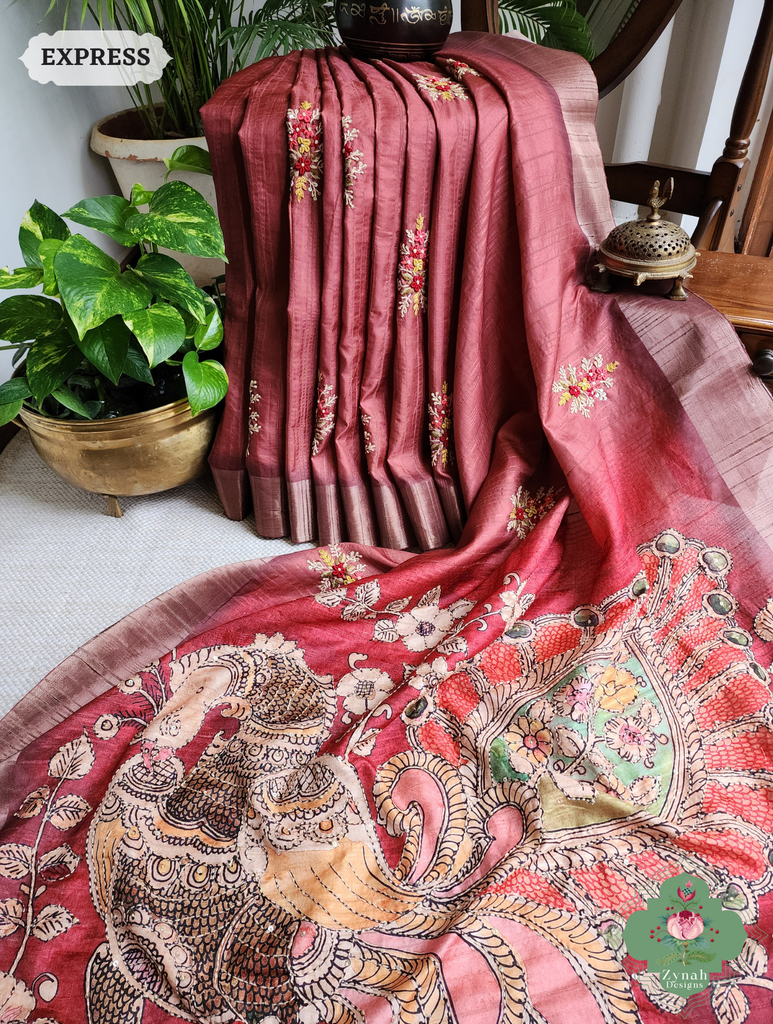Zynah Coral Red Jute Linen Saree With Kalamkari Pallu, Kantha & Sequins Highlight & Frenchknot Hand Embroidery; Custom Stitched/Ready-made Blouse, Fall, Petticoat; SKU: 0609202404