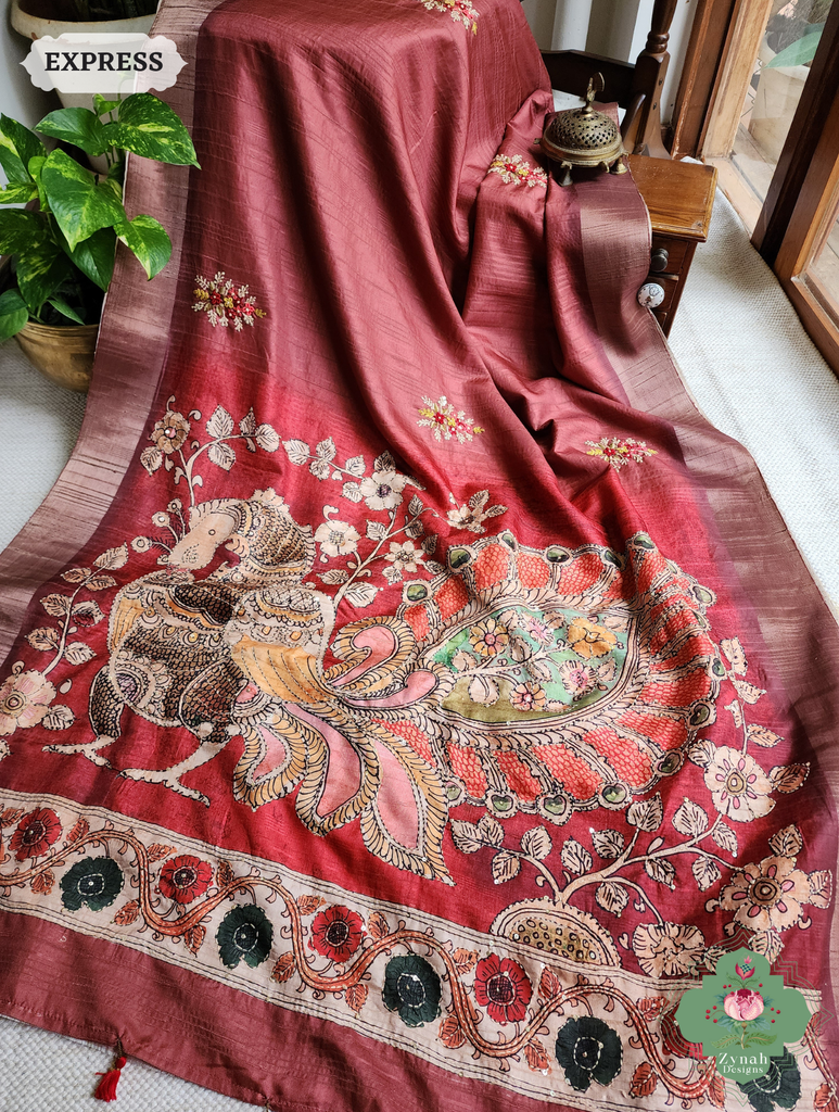 Zynah Coral Red Jute Linen Saree With Kalamkari Pallu, Kantha & Sequins Highlight & Frenchknot Hand Embroidery; Custom Stitched/Ready-made Blouse, Fall, Petticoat; SKU: 0609202404