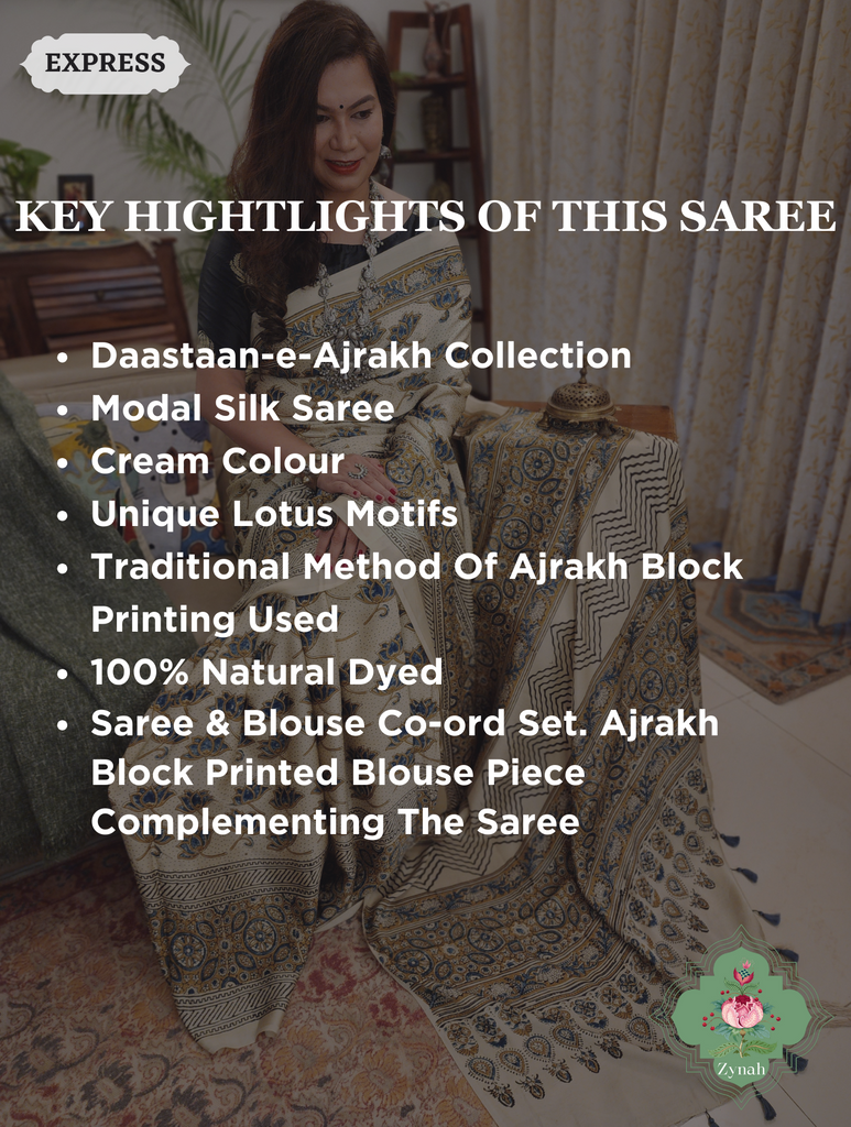 Cream Ajrakh Modal Silk Saree With Lotus Block Motif 2