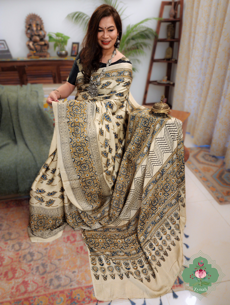 Cream Ajrakh Modal Silk Saree With Lotus Block Motif 4