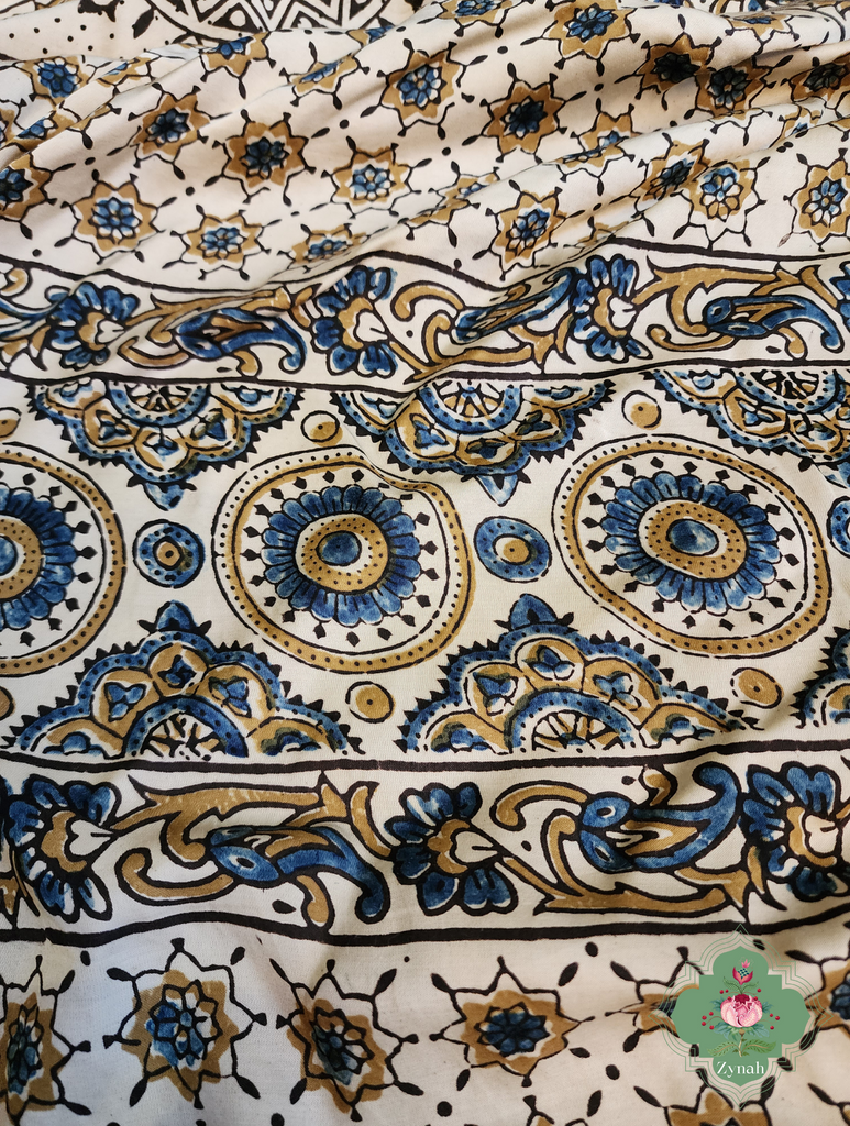 Zynah Cream Ajrakh Modal Silk Saree With Mandala Block Motifs, Crafted Using The Traditional Method Of Hand Block Printing Using 100% Natural Dyes; Custom Stitched/Ready-made Blouse, Fall, Petticoat; SKU: 2001202408