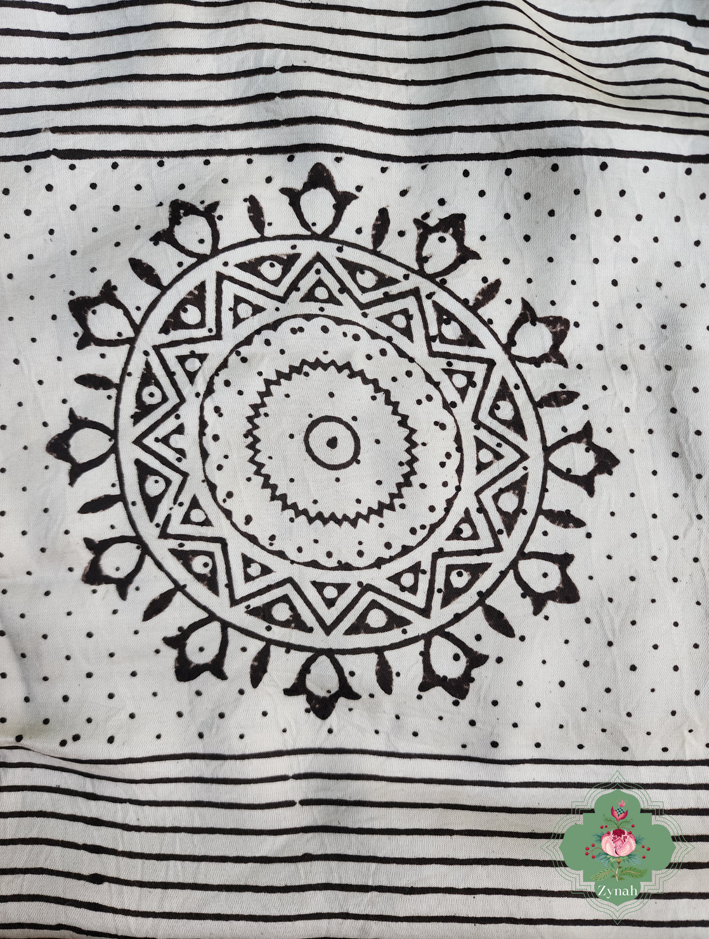 Zynah Cream Ajrakh Modal Silk Saree With Mandala Block Motifs, Crafted Using The Traditional Method Of Hand Block Printing Using 100% Natural Dyes; Custom Stitched/Ready-made Blouse, Fall, Petticoat; SKU: 2001202408