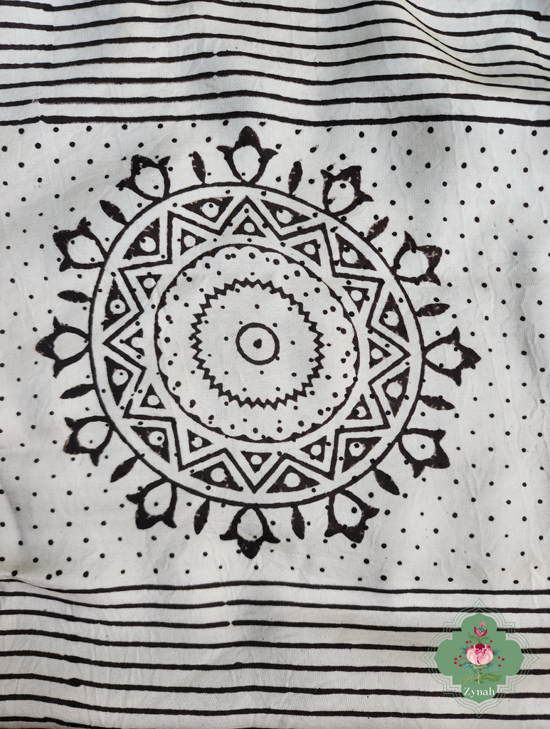 Zynah Cream Ajrakh Modal Silk Saree With Mandala Block Motifs, Crafted Using The Traditional Method Of Hand Block Printing Using 100% Natural Dyes; Custom Stitched/Ready-made Blouse, Fall, Petticoat; SKU: 2001202408