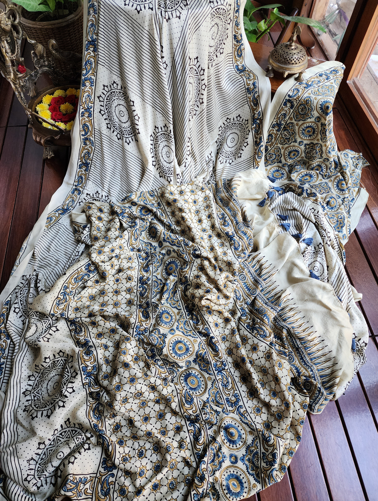 Zynah Cream Ajrakh Modal Silk Saree With Mandala Block Motifs, Crafted Using The Traditional Method Of Hand Block Printing Using 100% Natural Dyes; Custom Stitched/Ready-made Blouse, Fall, Petticoat; SKU: 2001202408