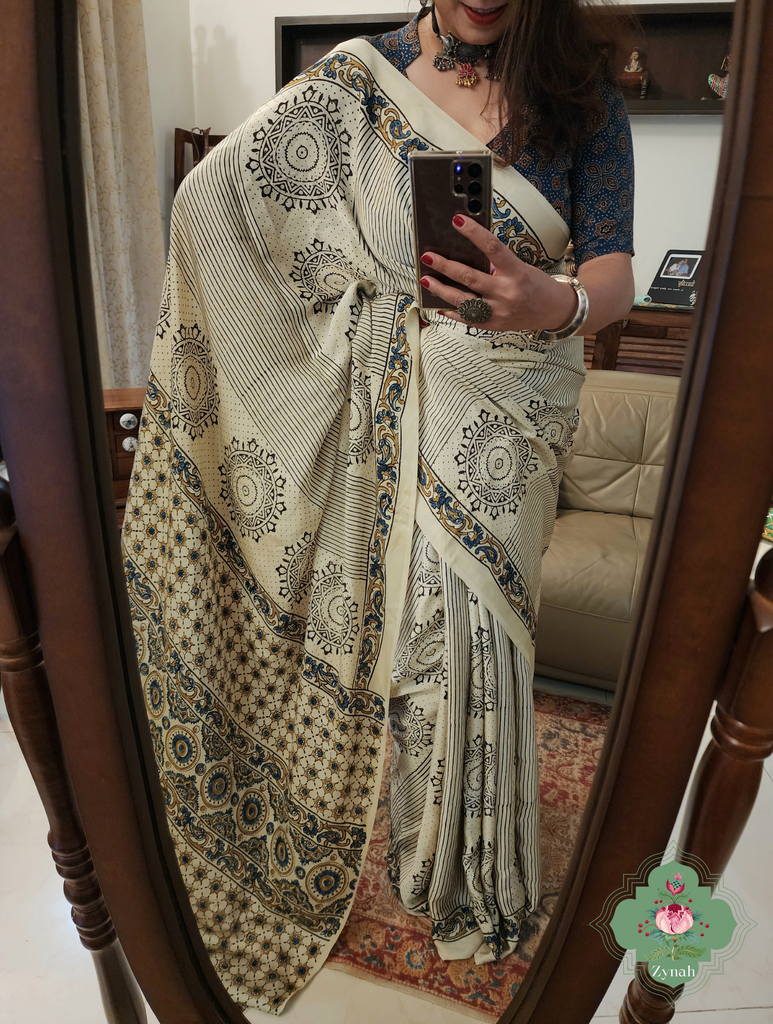 Cream Ajrakh Modal Silk Saree With Mandala Block Motifs 4