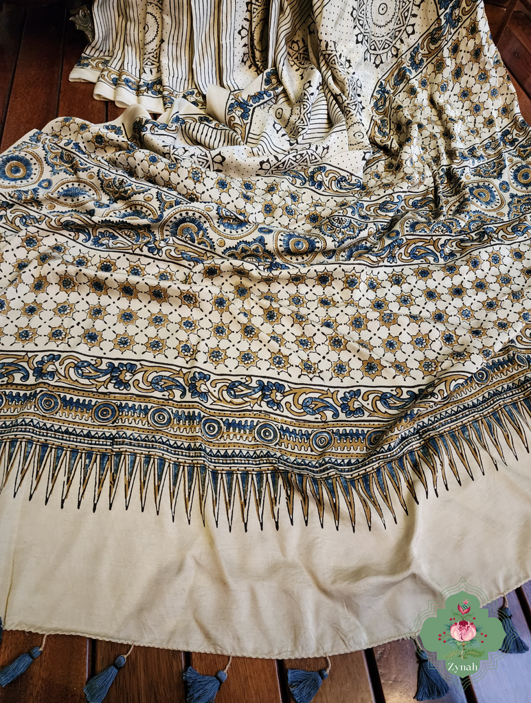 Cream Ajrakh Modal Silk Saree With Mandala Block Motifs 6