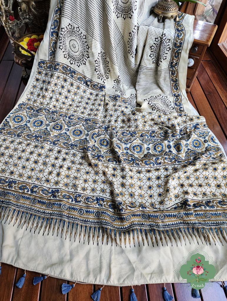Cream Ajrakh Modal Silk Saree With Mandala Block Motifs 7