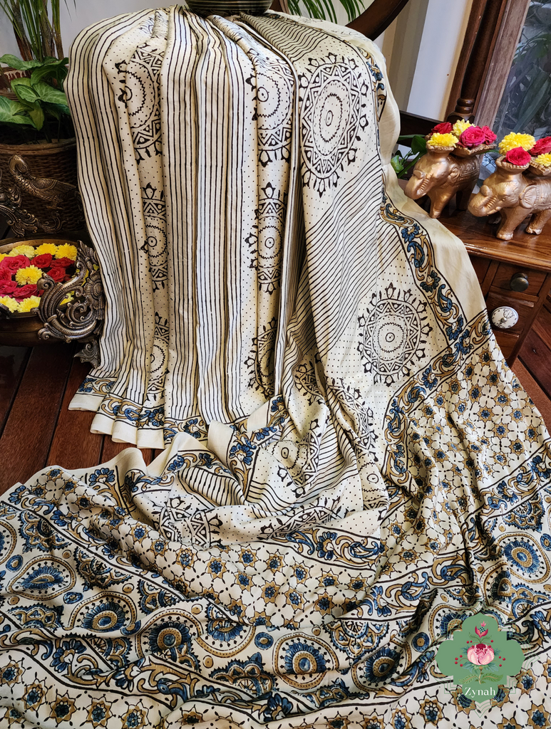 Cream Ajrakh Modal Silk Saree With Mandala Block Motifs 8
