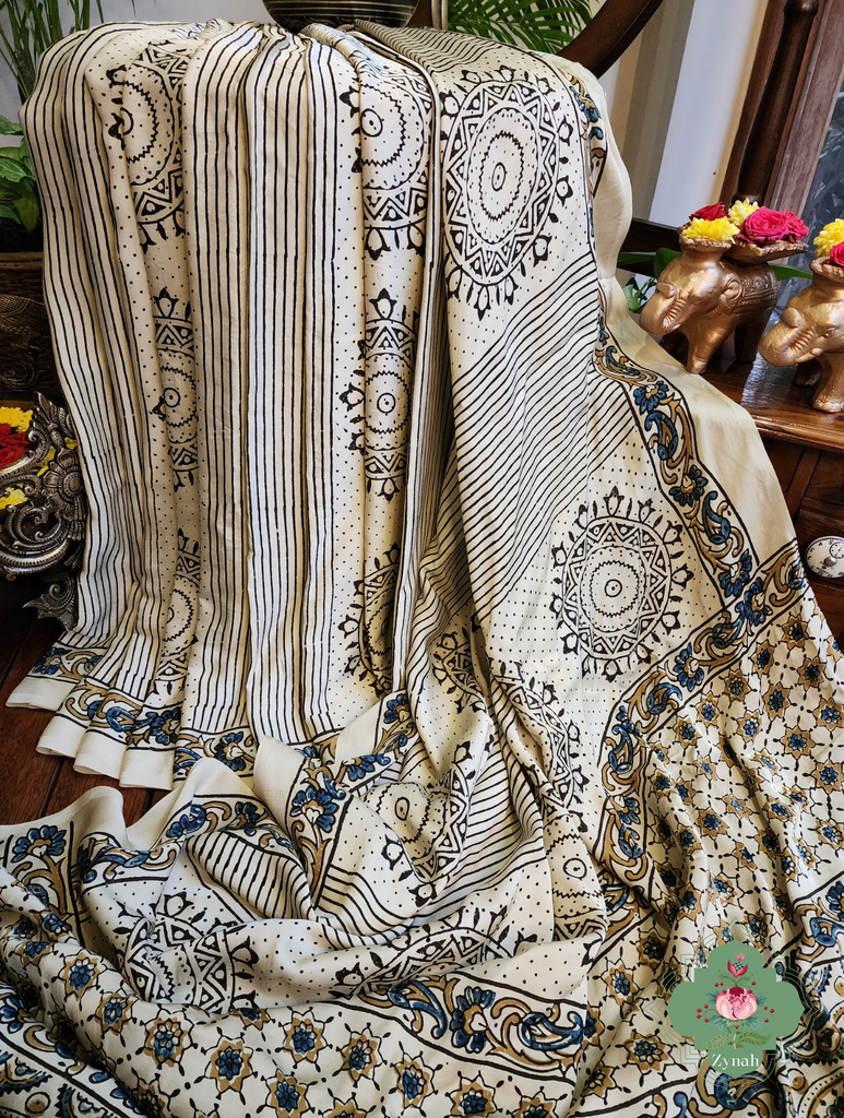 Cream Ajrakh Modal Silk Saree With Mandala Block Motifs 9