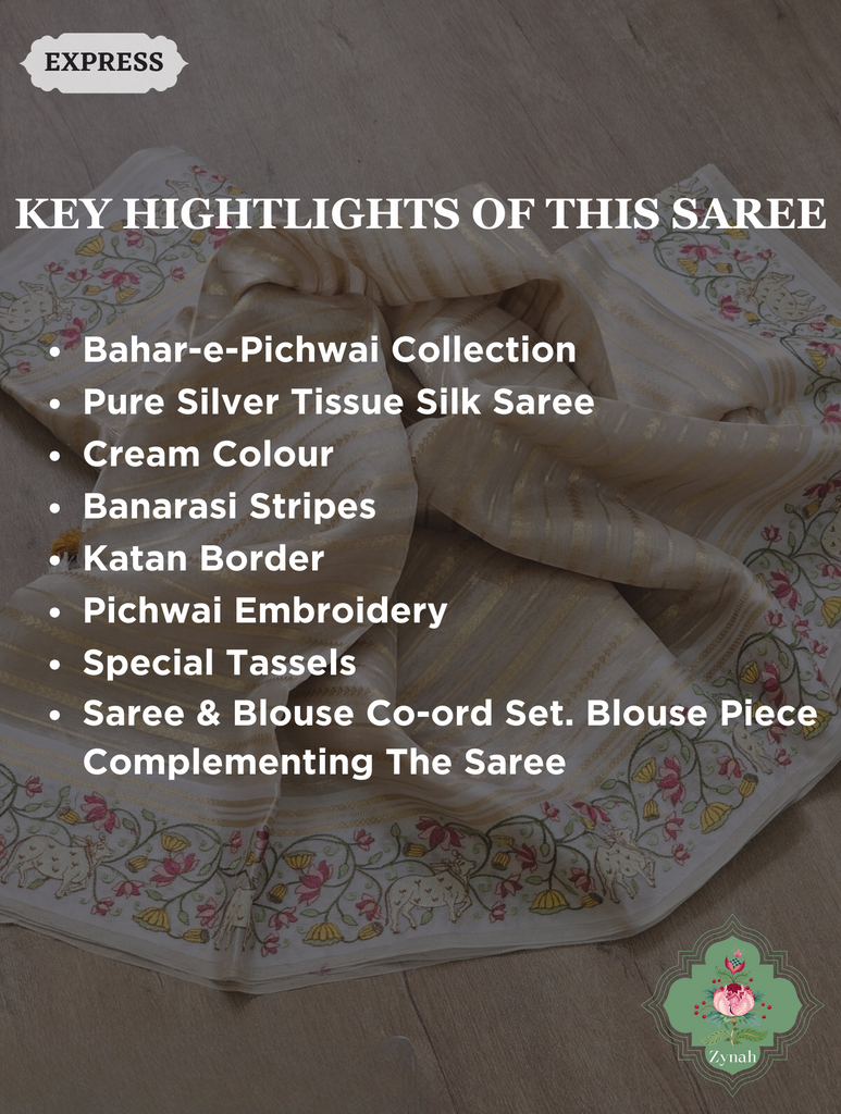 Cream Pure Silver Tissue Silk Saree With Banarasi Stripes, Katan Pallu & Pichwai Embroidery 1