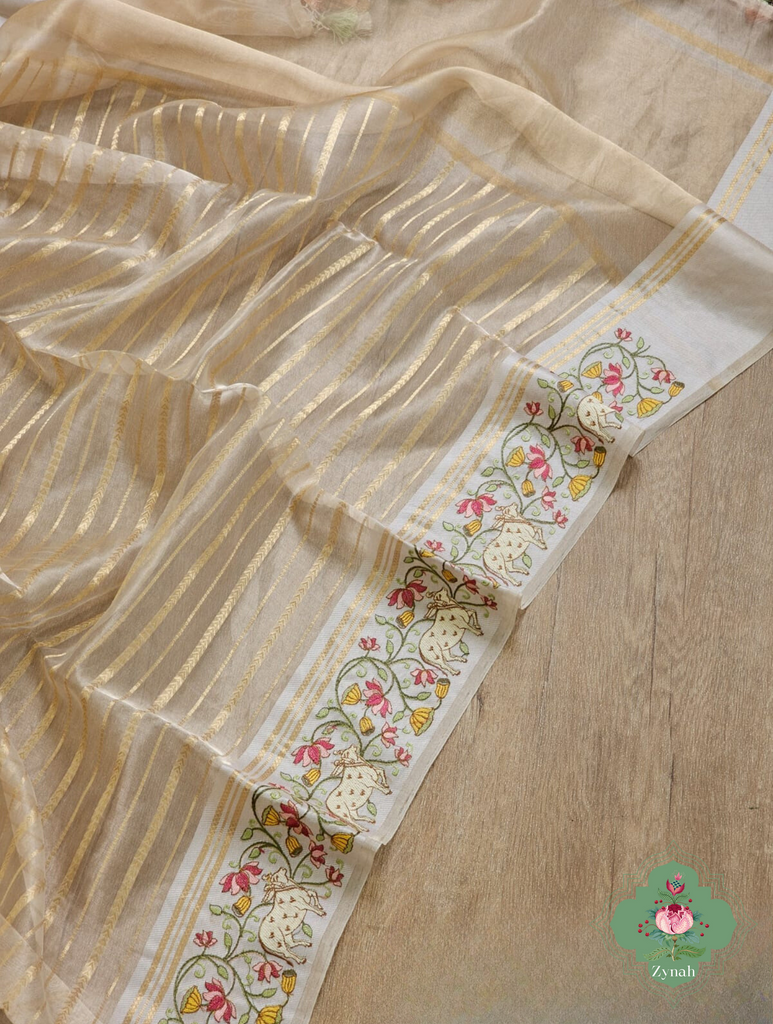 Cream Pure Silver Tissue Silk Saree With Banarasi Stripes, Katan Pallu & Pichwai Embroidery 4