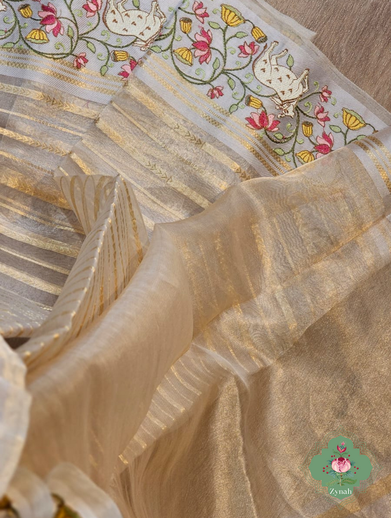 Cream Pure Silver Tissue Silk Saree With Banarasi Stripes, Katan Pallu & Pichwai Embroidery 9