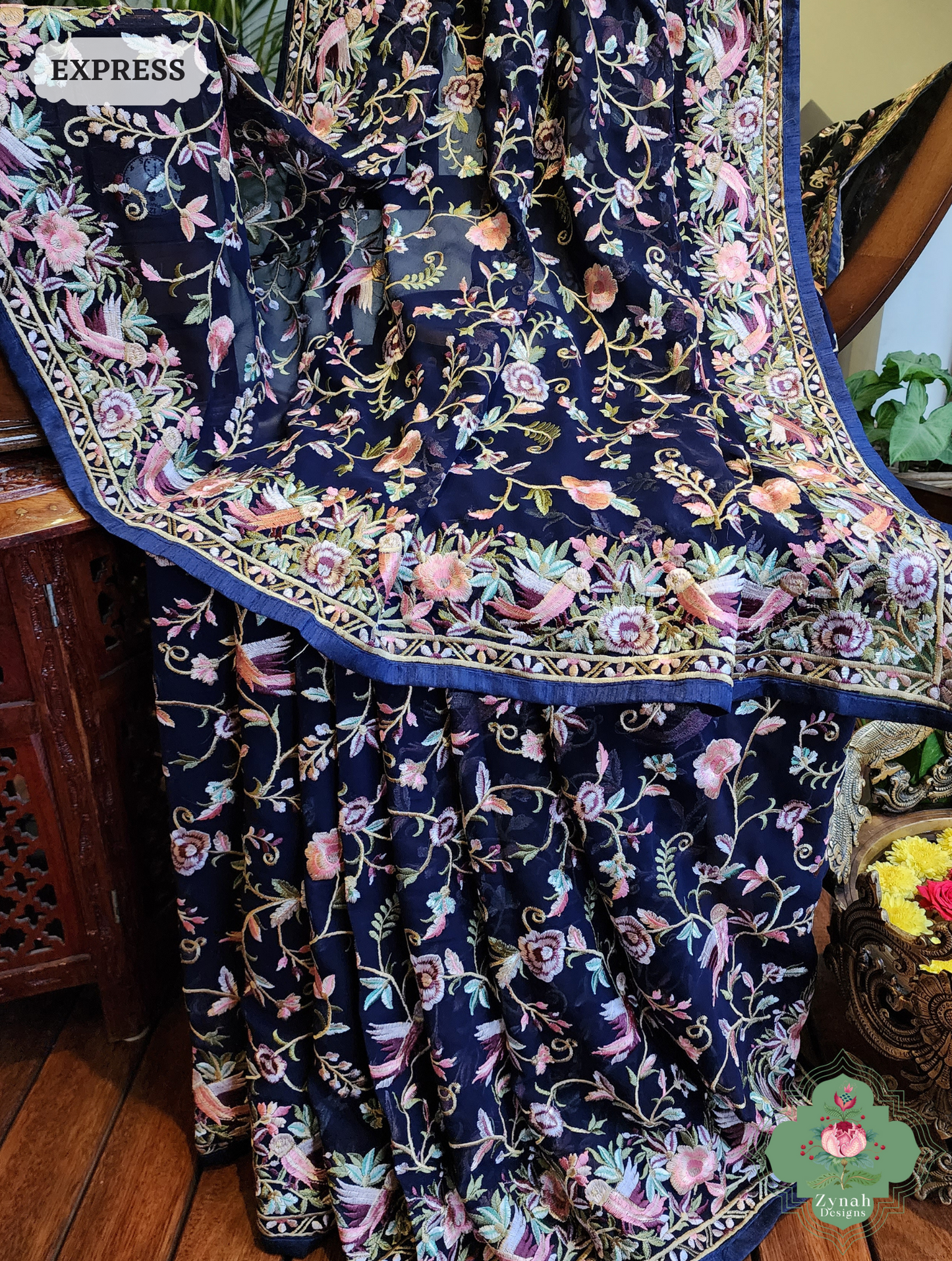 Zynah Blue Pure Georgette Saree with Parsi Gara Inspired Embroidery; Custom Stitched/Ready-made Blouse, Fall, Petticoat; SKU: 0604202402