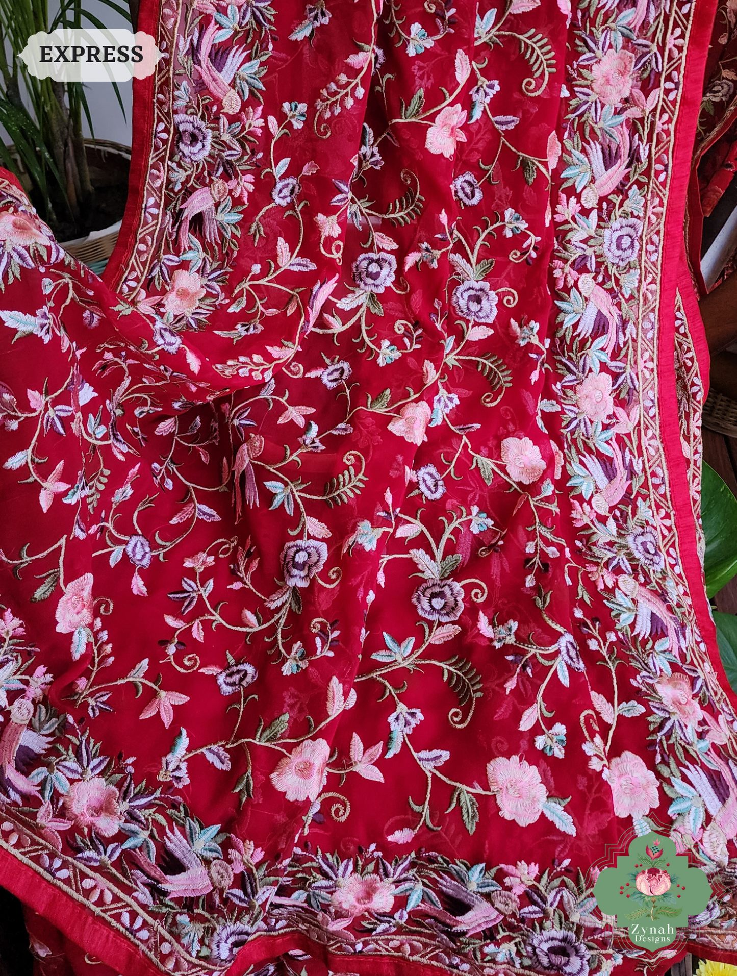 Zynah Red Pure Georgette Saree with Parsi Gara Inspired Embroidery; Custom Stitched/Ready-made Blouse, Fall, Petticoat; SKU: 0604202404