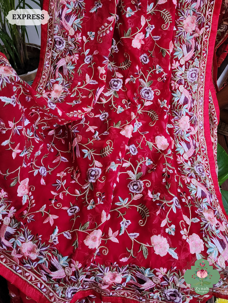 Zynah Red Pure Georgette Saree with Parsi Gara Inspired Embroidery; Custom Stitched/Ready-made Blouse, Fall, Petticoat; SKU: 0604202404