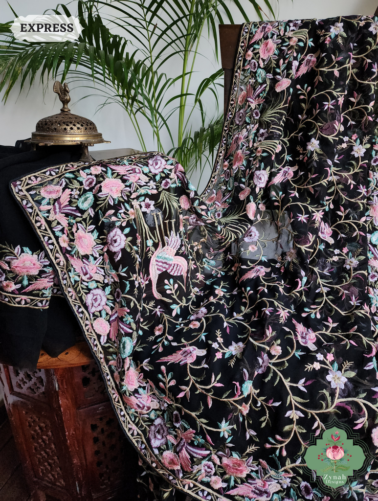 Zynah Black Pure Georgette Parsi Gara Inspired Embroidery Saree; Custom Stitched/Ready-made Blouse, Fall, Petticoat; SKU: 0604202406