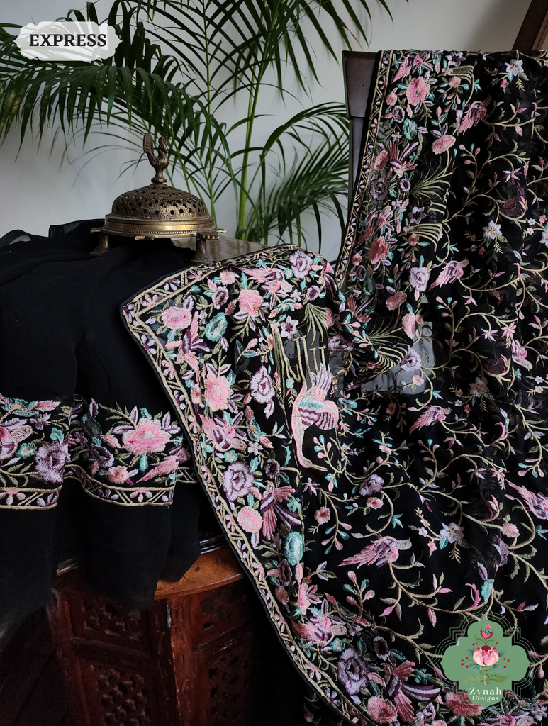 Zynah Black Pure Georgette Parsi Gara Inspired Embroidery Saree; Custom Stitched/Ready-made Blouse, Fall, Petticoat; SKU: 0604202406