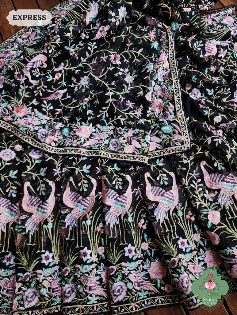 Zynah Black Pure Georgette Parsi Gara Inspired Embroidery Saree; Custom Stitched/Ready-made Blouse, Fall, Petticoat; SKU: 0604202406