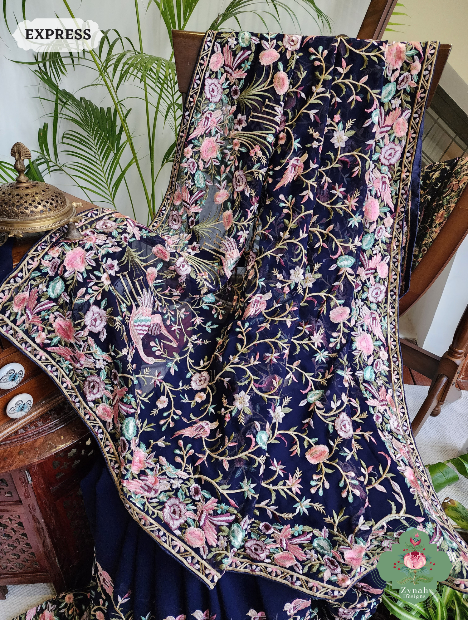 Zynah Blue Pure Georgette Saree with Parsi Gara Inspired Embroidery; Custom Stitched/Ready-made Blouse, Fall, Petticoat; SKU: 0604202401 Zynah Blue Pure Georgette Saree with Parsi Gara Inspired Embroidery; Custom Stitched/Ready-made Blouse, Fall, Petticoat; SKU: 0604202401